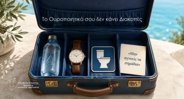 μία ανοιχτή βαλίτσα και μέσα, ένα μπουκάλι νερό, ένα ρολόι, το σύμβολο μιας τουαλέτας