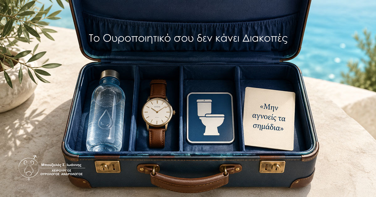 μία ανοιχτή βαλίτσα και μέσα, ένα μπουκάλι νερό, ένα ρολόι, το σύμβολο μιας τουαλέτας